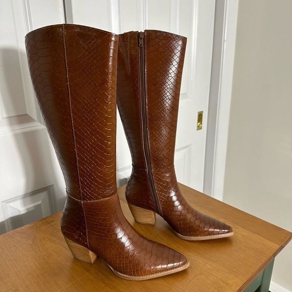 Matisse Block Heel Brown Knee-High Boots Bruna Tobacco Croc Western Boots - Picture 6 of 9